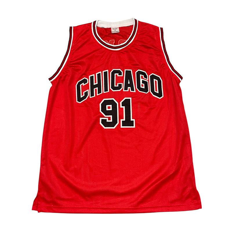 Dennis Rodman Signed Bulls Custom Red Jersey w/ HOF 11 Beckett Wit BAS COA