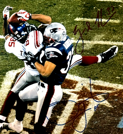 David Tyree & Rodney Harrison Dual Signed 11x14 Photo Beckett Witness BAS COA