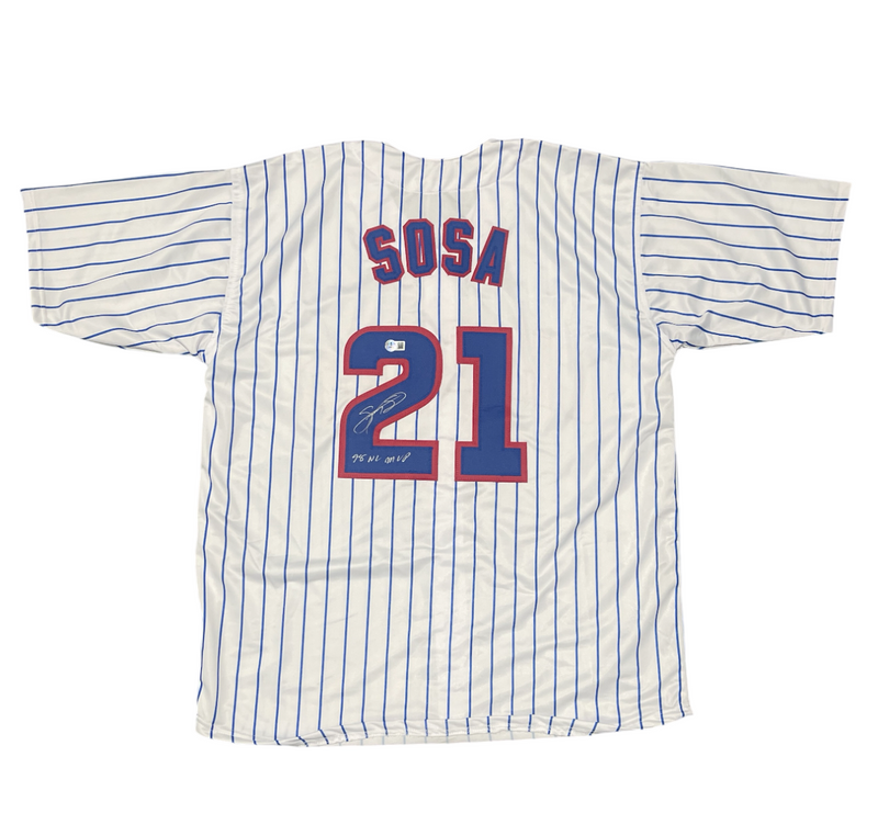 Sammy Sosa Signed Cubs Custom Jersey w/ 98 NL MVP Beckett Witness BAS COA