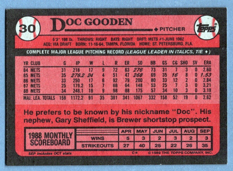 Dwight Doc Gooden Signed Autographed 1989 Topps #30 LSCM COA New York Mets