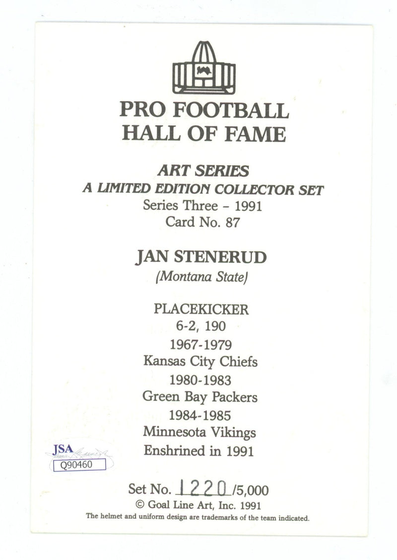 Jan Stenerud Signed Pro Football HOF GLAC Goal Line Art Card 1220/5000 JSA COA