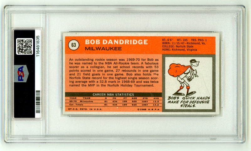 Bob Dandridge 1970-71 Topps #63 Tall Boy Rookie RC Signed w/ 2 Insc. PSA 10 Auto