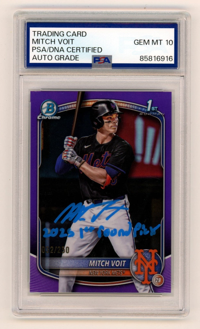 Mitch Voit 2025 Bowman Chrome Signed 1st Purple Ref RC /250 w/ Insc. PSA 10 Auto