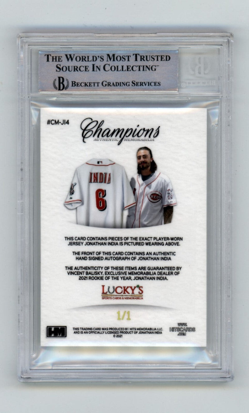 Jonathan India 2021 Hits Memorabilia Champions Gold Logoman Patch Auto RC /1 BGS