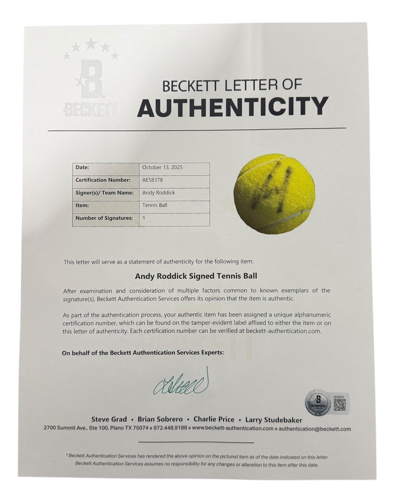 Andy Roddick Signed Autographed Wilson US Open Tennis Ball Beckett BAS COA