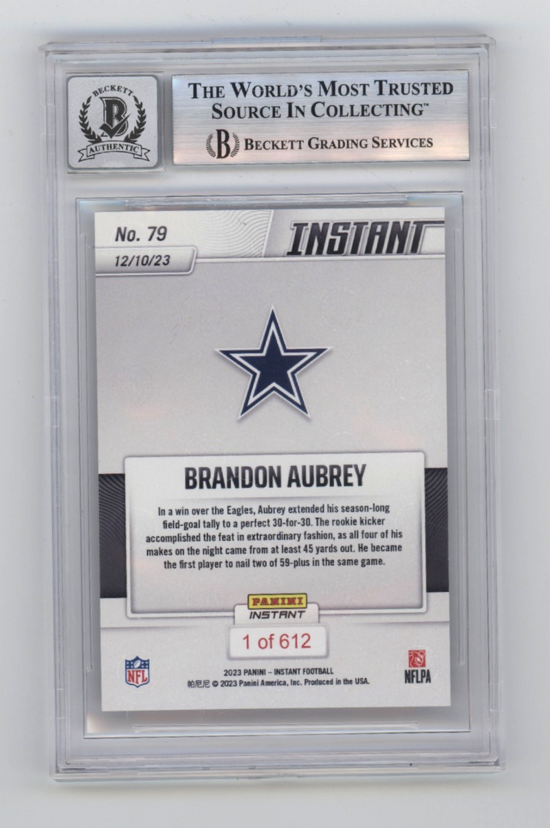 Brandon Aubrey 2023 Panini Instant #79 /612 Rookie RC Signed BGS 10 Auto Cowboys