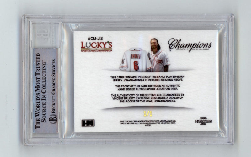 Jonathan India 2021 Hits Memorabilia Champions Gold Patch Dual Auto #1/1 RC BGS