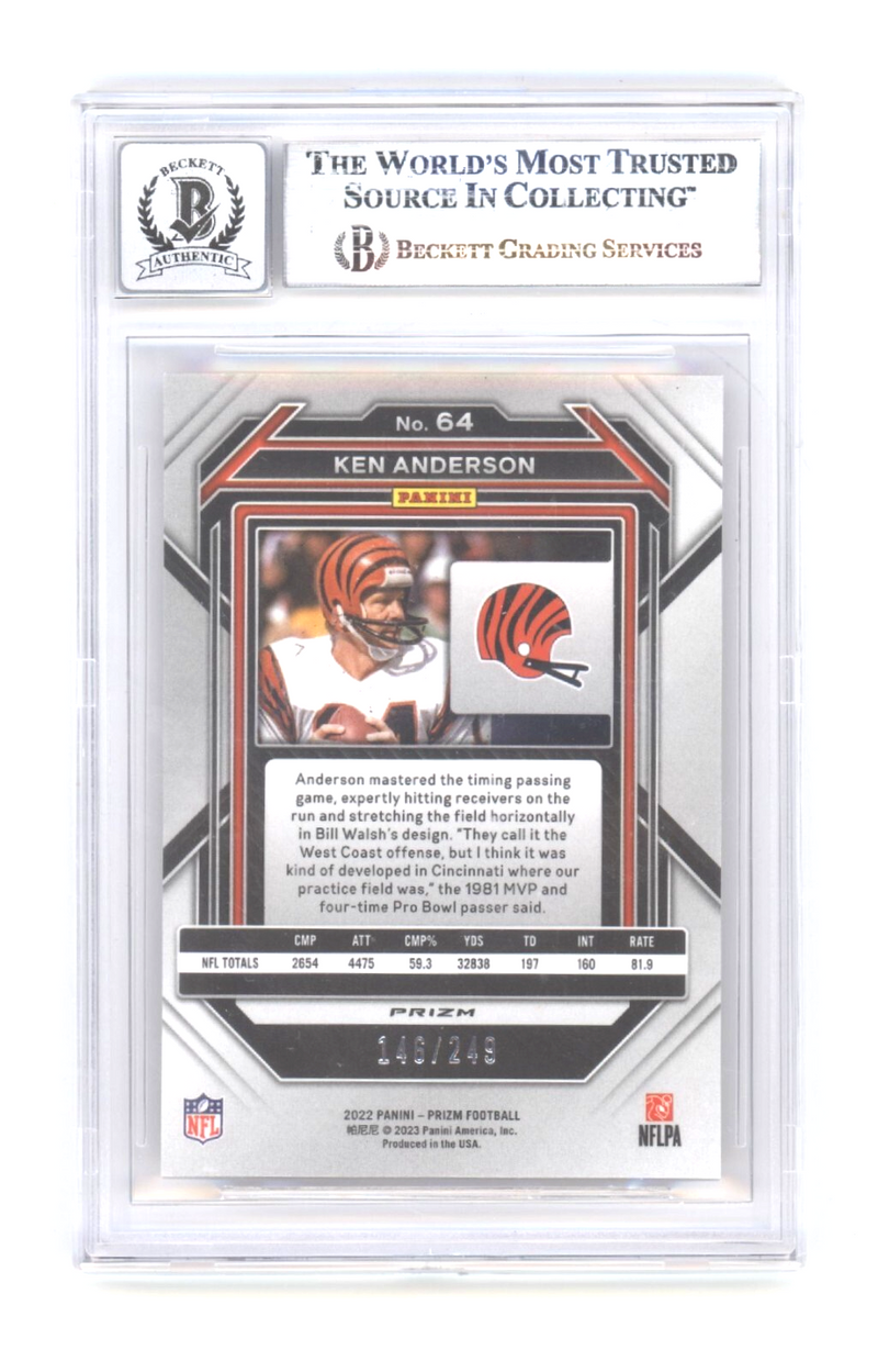 Ken Anderson 2022 Panini Prizm Prizms Orange #64 /249 Signed Beckett BGS 10 Auto