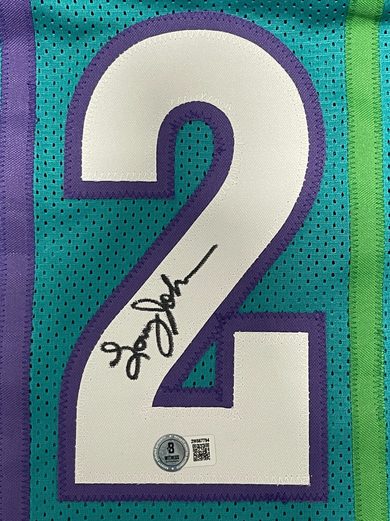 Larry Johnson Signed Custom Charlotte Jersey Beckett Witness BAS COA