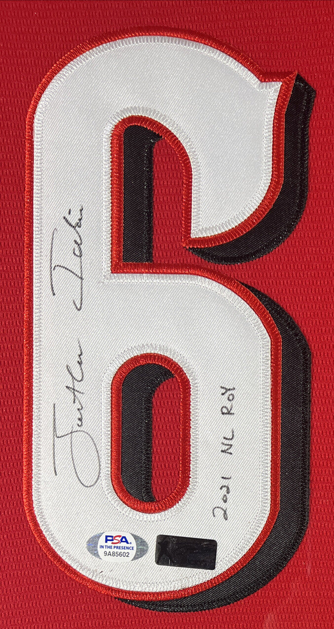 Jonathan India Signed Framed Custom Red Jersey w/ 2021 NL ROY Reds PSA ITP COA