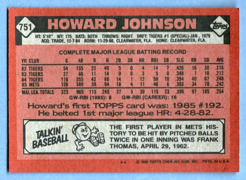 Howard Johnson Signed 1986 Topps #751 w/ 86 Champs LSCM COA New York Mets