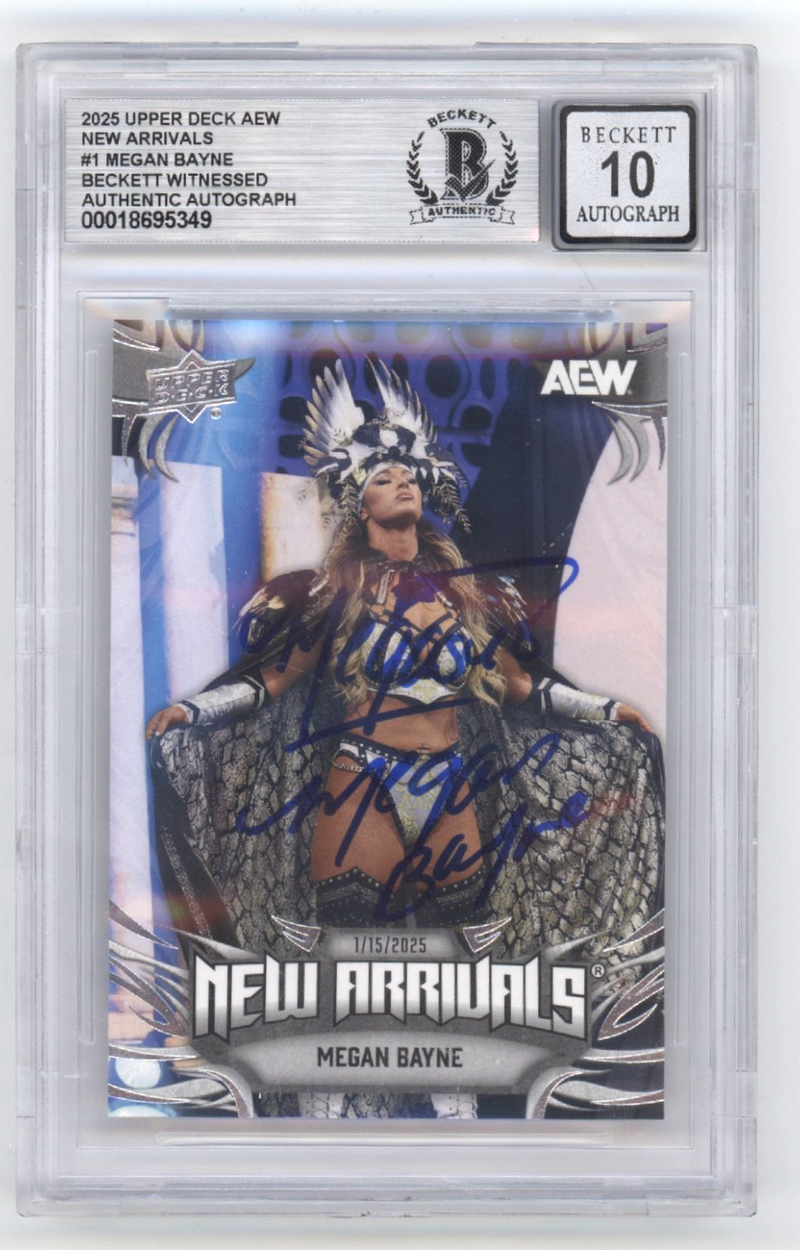 Megan Bayne 2025 UD AEW New Arrivals Signed w/ Megasus Beckett BGS 10 Auto
