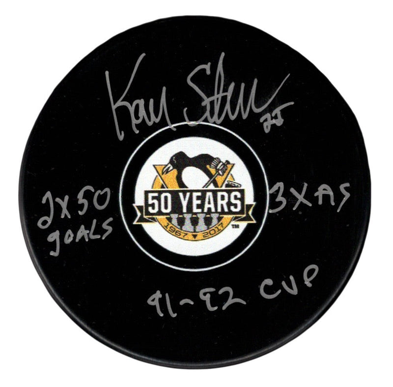 Kevin Stevens Signed Penguins 50th Anniversary Puck w/ 3x Insc JSA Witness COA