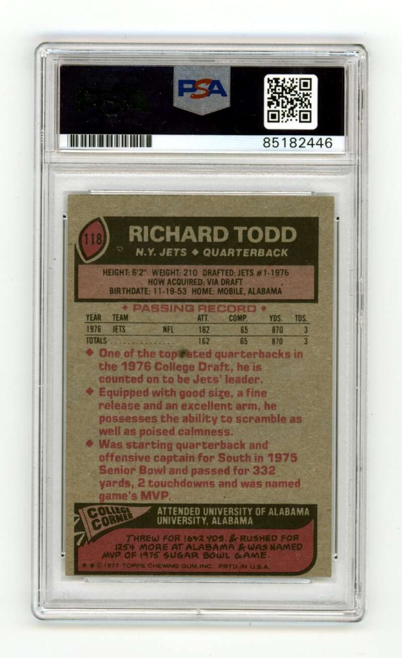 Richard Todd 1977 Topps #118 Rookie RC Signed PSA Authentic Auto New York Jets