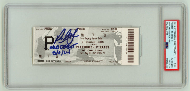 Paul Skenes Signed MLB Debut Ticket 5/11/2024 w/ Inscription PSA 10 Auto Pirates