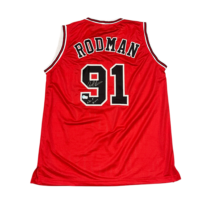 Dennis Rodman Signed Bulls Custom Red Jersey w/ HOF 11 Beckett Wit BAS COA