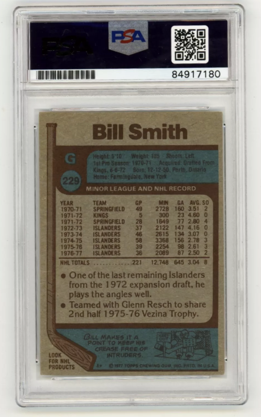 Billy Smith 1977-78 Topps #229 Signed PSA Authentic Black Auto Islanders HOF