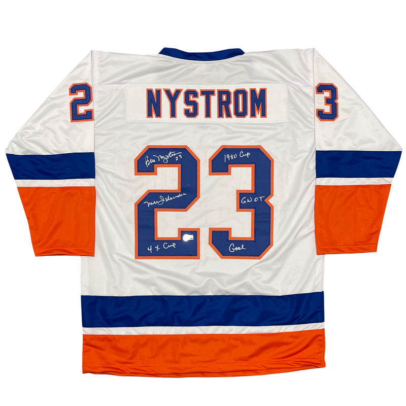 Bob Nystrom Signed Islanders Custom Jersey w/ Inscs Beckett Witness BAS COA