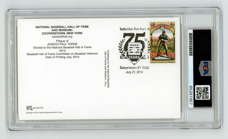 Joe Torre Signed Yellow HOF Plaque Post Card w/ Induction Day Stamp PSA Auto