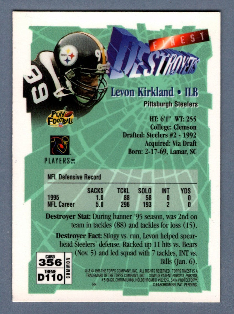 Levon Kirkland Signed 1996 Topps Finest Destroyers Common 356 LSCM COA Steelers