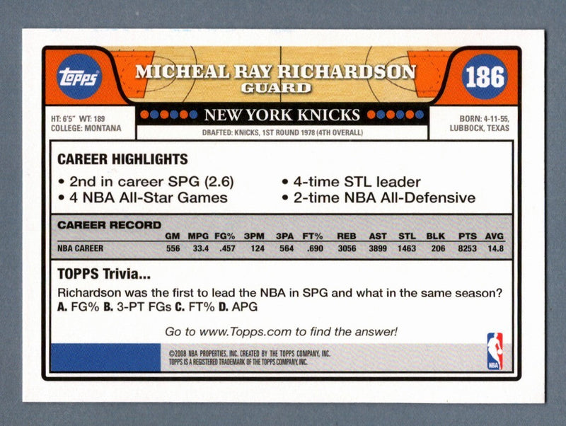 Micheal Ray Richardson Signed 2008-09 Topps Basketball 186 LSCM COA NY Knicks