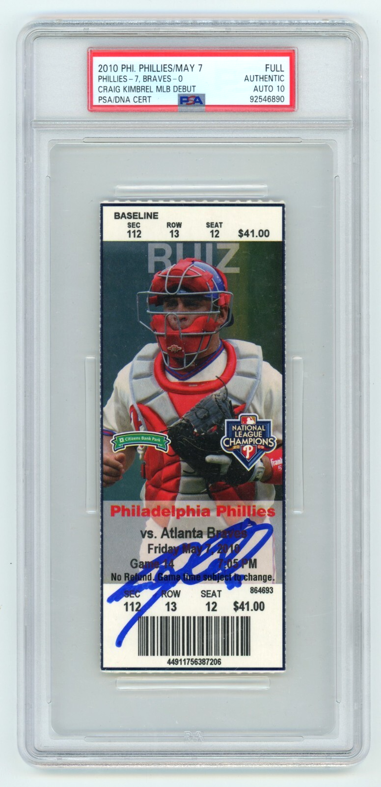Craig Kimbrel Signed MLB Debut & 1st Strikeout Season Ticket PSA 10 Auto Braves