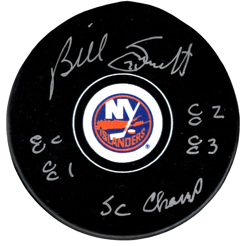 Billy Smith Signed Islanders Puck w/ 80 81 82 83 SC Champ Beckett Wit BAS COA