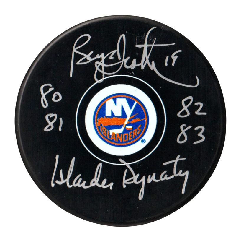 Bryan Trottier Signed Islanders Logo Puck w/ Islanders Dynasty Beckett W BAS COA