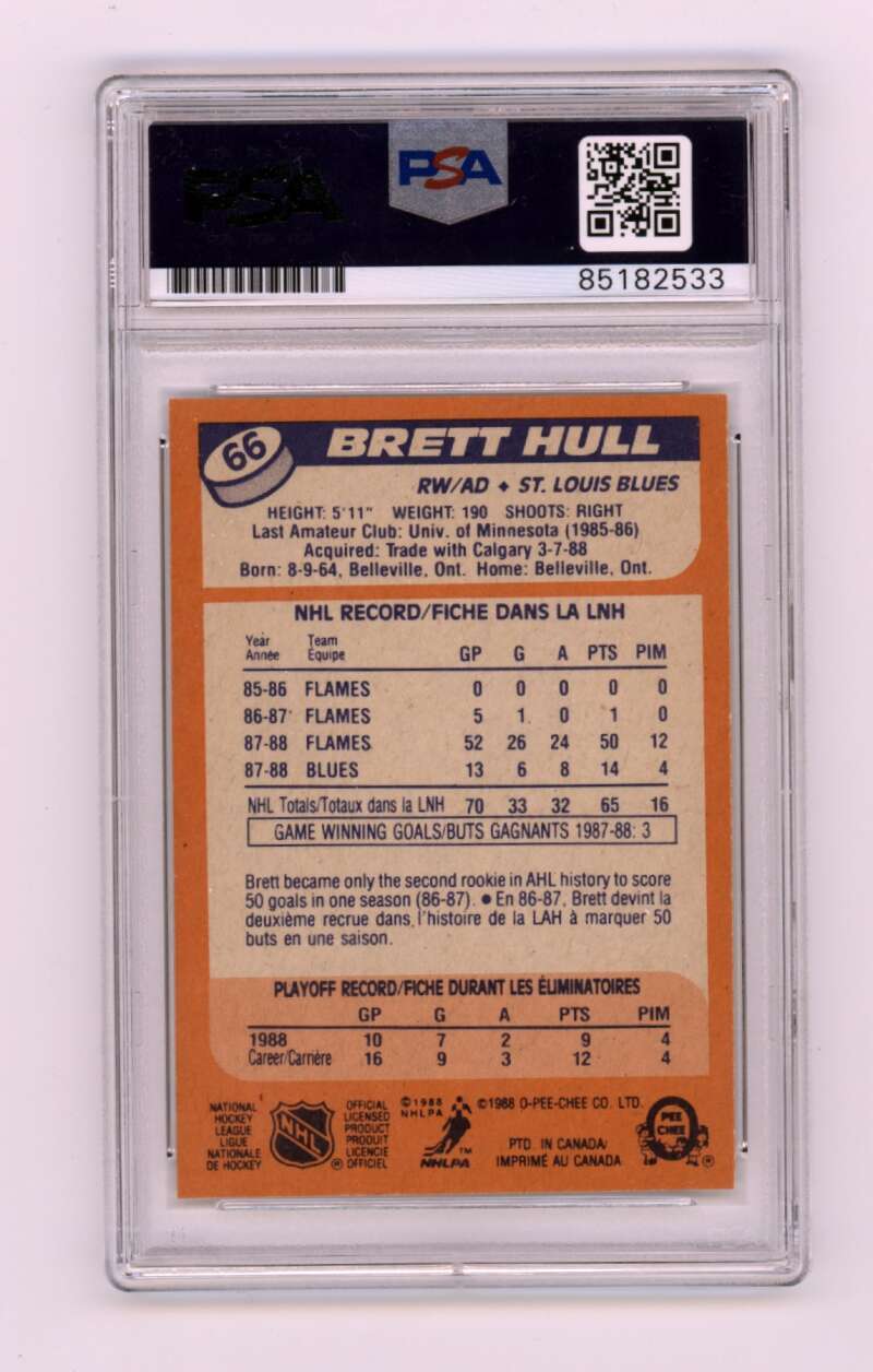 Brett Hull 1988-89 O-Pee-Chee OPC #66 RC w/ HOF + Golden Insc Signed PSA Auto