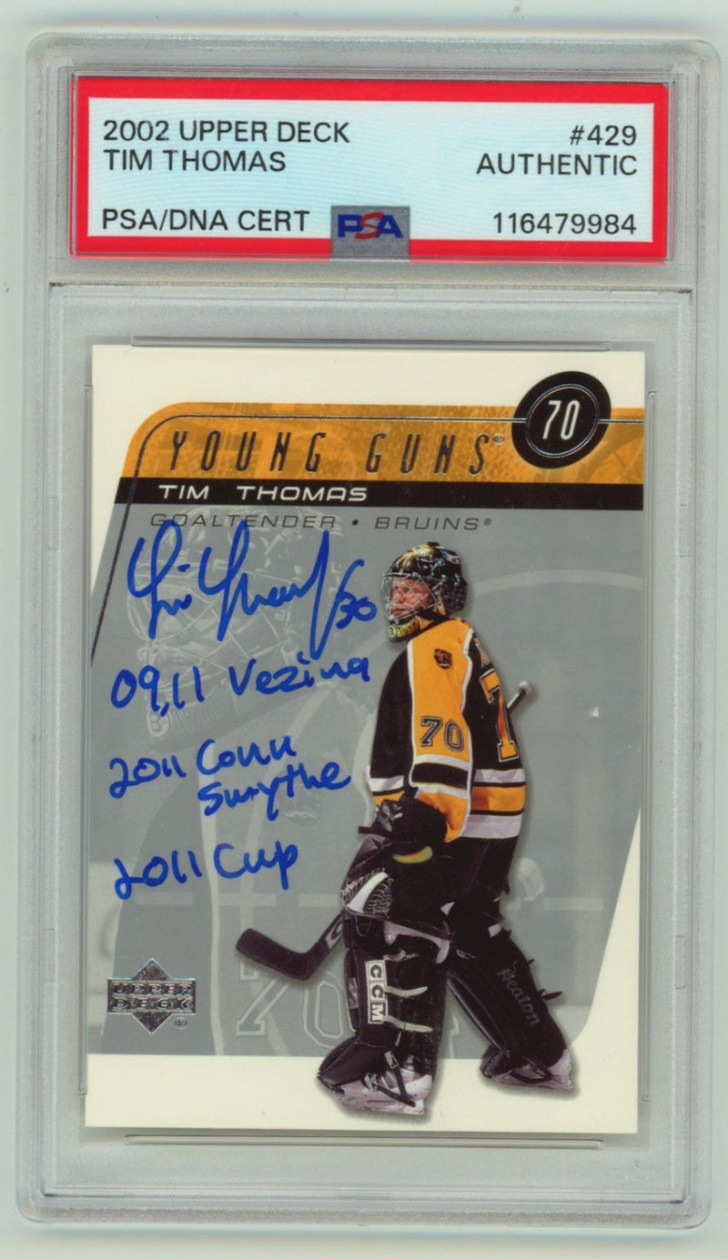 Tim Thomas 2002-2003 Upper Deck #429 Young Guns Signed w/ 3 Insc. PSA Auto