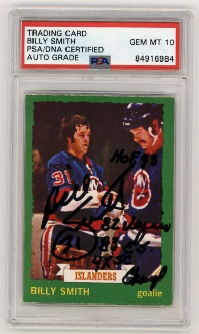 Billy Smith 1973-74 O-Pee-Chee OPC Rookie RC #142 Signed PSA 10 Auto w/ 4 Insc C