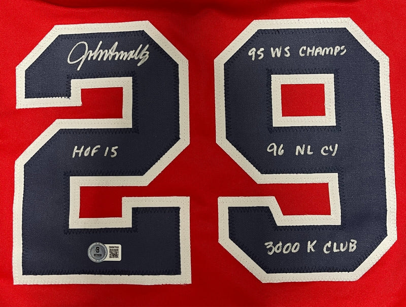 John Smoltz Signed Atlanta Braves Custom Jersey w/ 4 Ins Beckett Witness BAS COA