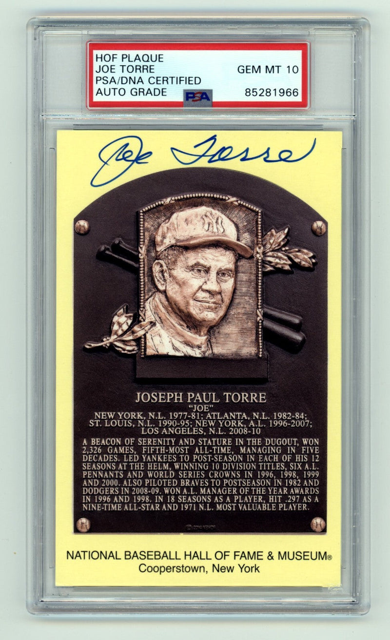 Joe Torre Signed Yellow HOF Plaque Post Card w/ Induction Day Stamp PSA 10 Auto