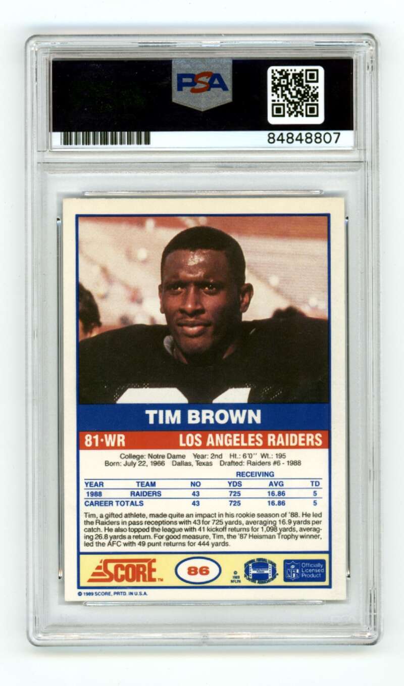 Tim Brown 1989 Score Football #86 Rookie RC w/ 2 Insc Signed PSA 10 Auto HOF A