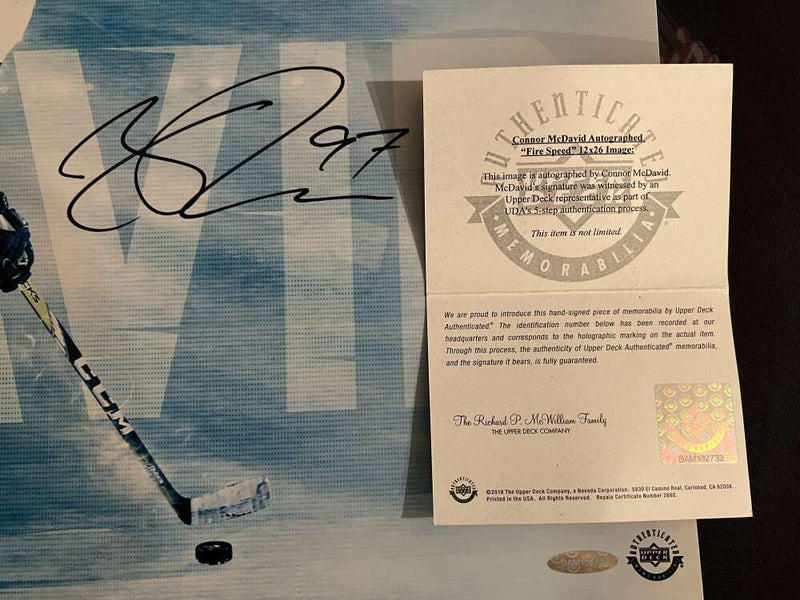 Connor McDavid Signed 12x26 Photo "Fire Speed" Upper Deck UDA COA Oilers B