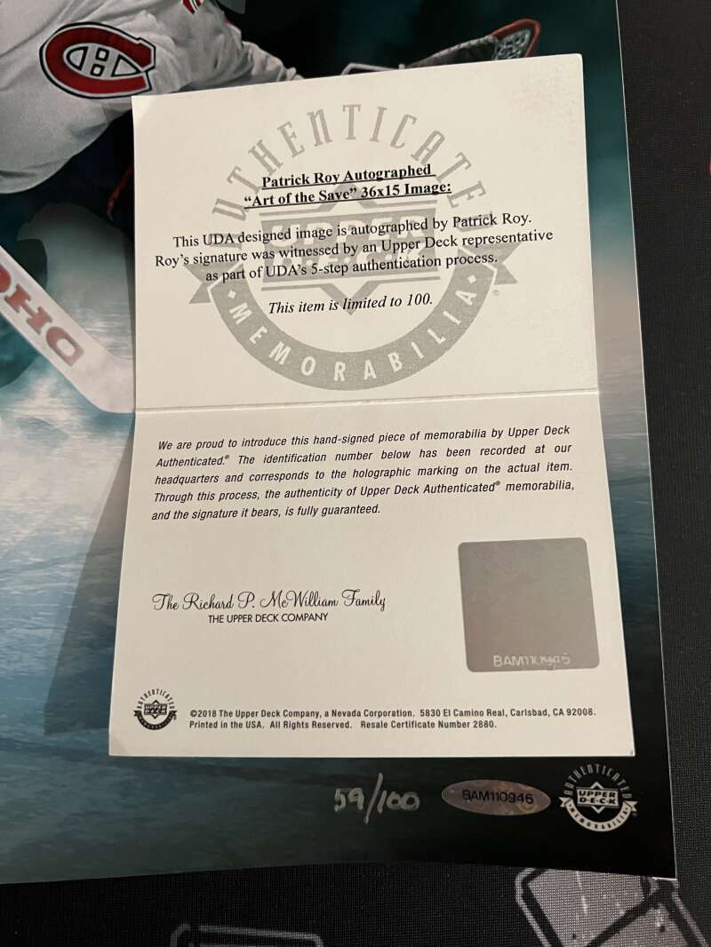 Patrick Roy Signed Auto 36x15 Photo "Art of the Save" 59/100 Upper Deck UDA COA