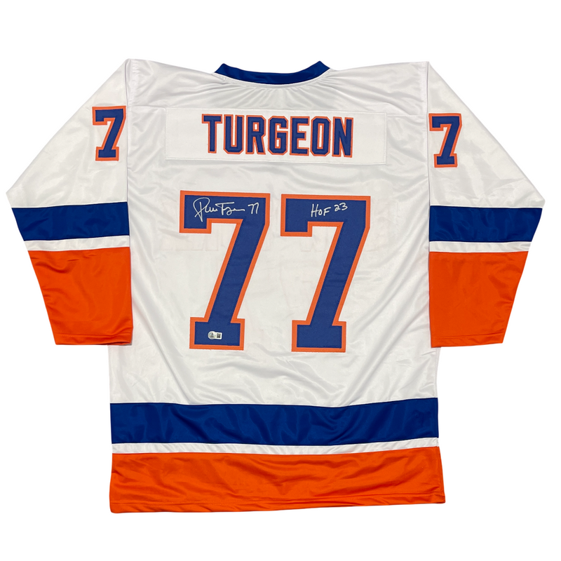 Pierre Turgeon Signed Islanders Custom Jersey w/ HOF 23 Beckett Witness BAS COA