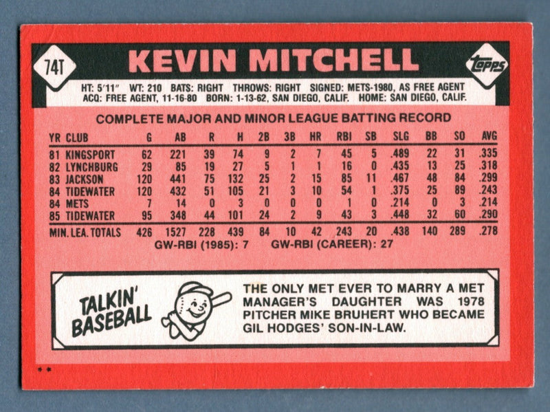 Kevin Mitchell Signed 1986 Topps Traded #74T Rookie RC LSCM COA New York Mets