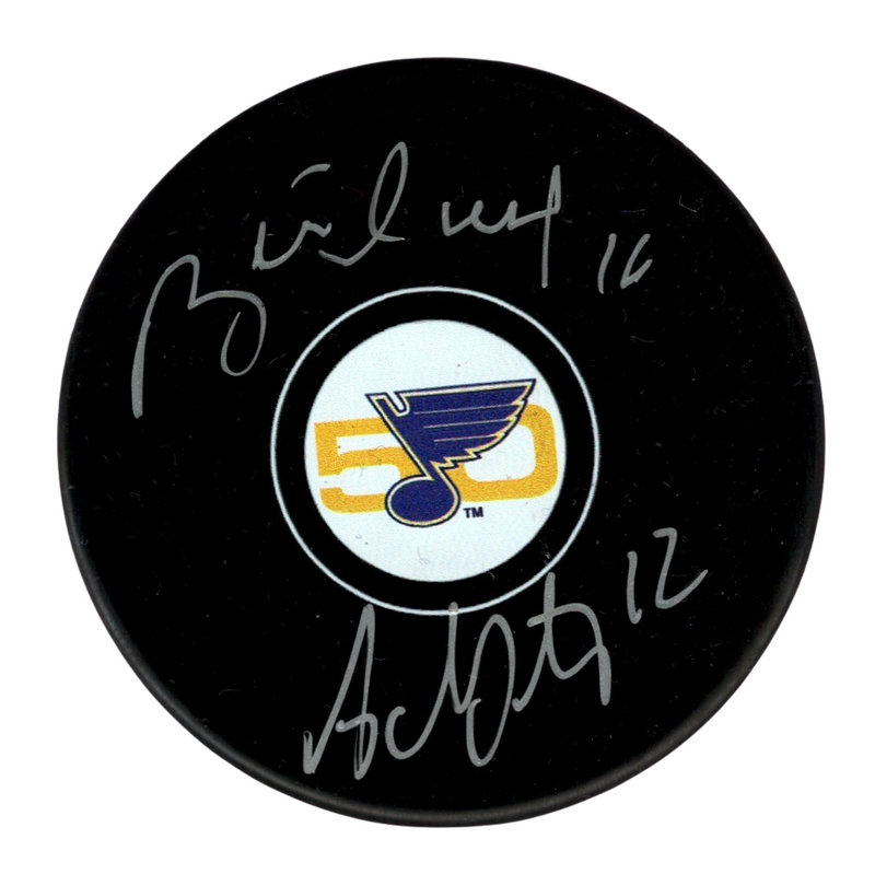 Brett Hull & Adam Oates Signed Auto Blues 50th Anniversary Puck Beckett BAS COA