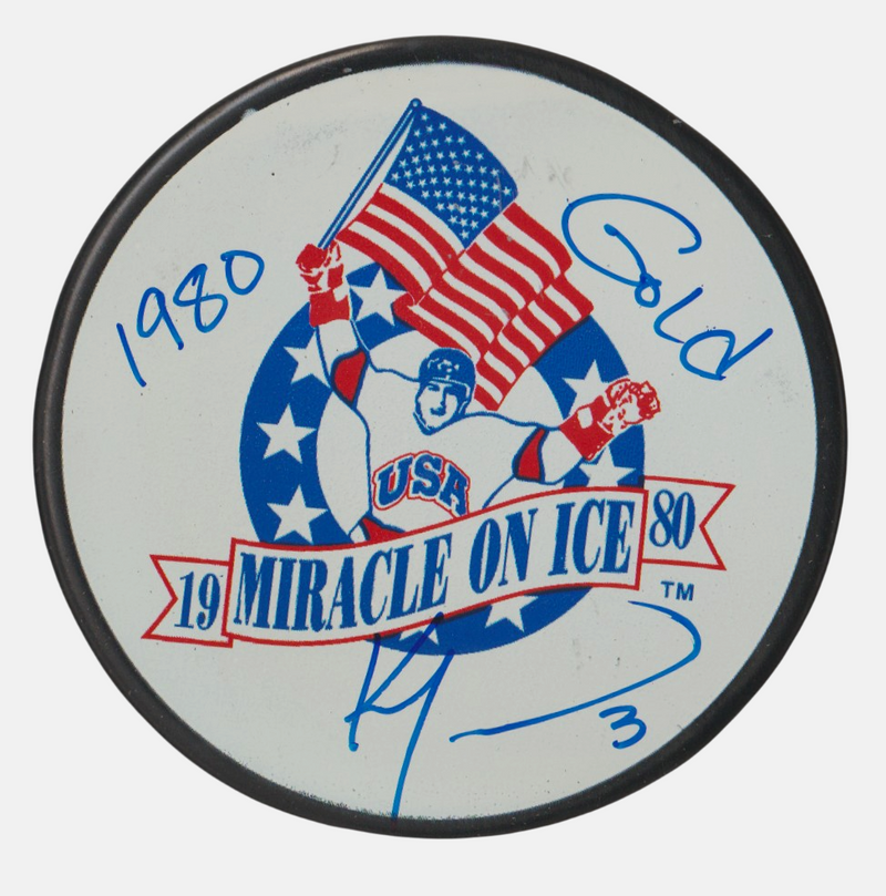 Ken Morrow Signed 1980 Miracle on Ice Puck w/ 1980 Gold Beckett Witness BAS COA