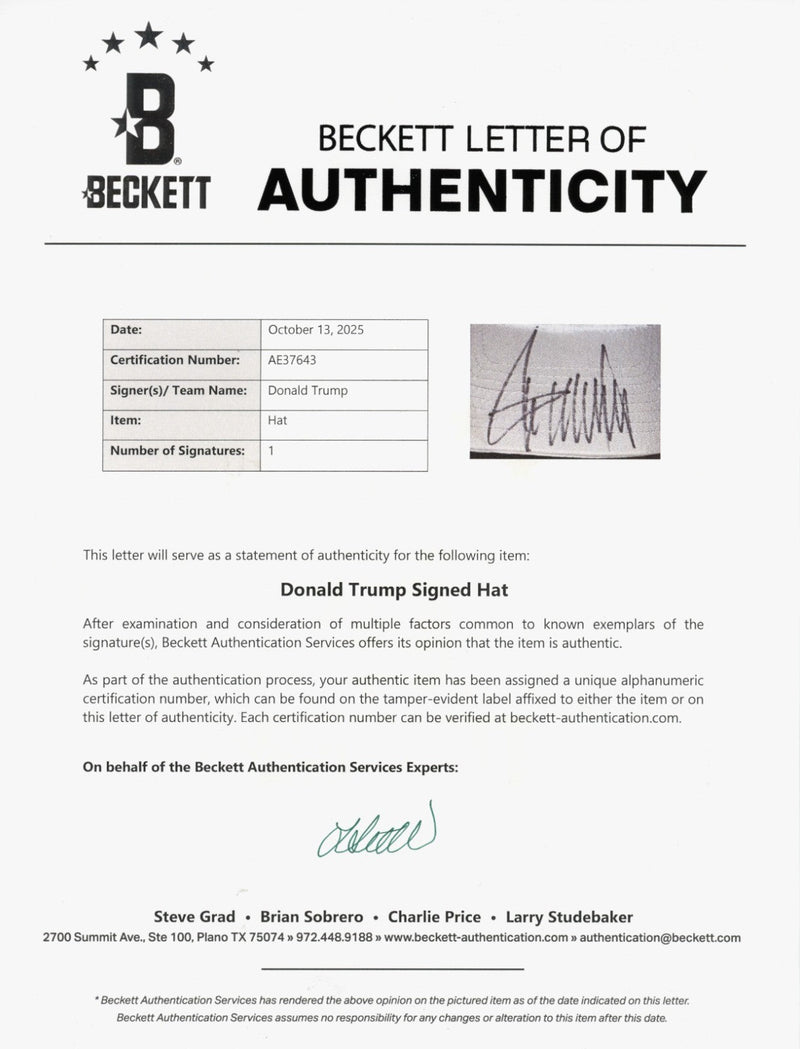 Donald Trump Signed Autographed Make America Great Again Hat Beckett BAS COA LOA