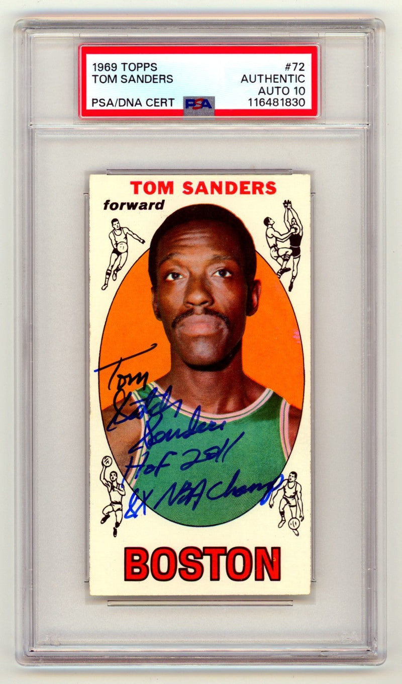 Tom "Satch" Sanders 1969-70 Topps #72 Tall Boy Signed w/ 2 Insc. PSA 10 Auto B