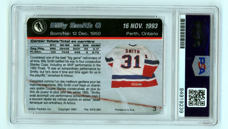 Billy Smith 1993 Action Packed #3 Signed PSA Authentic Auto NY Islanders HOF
