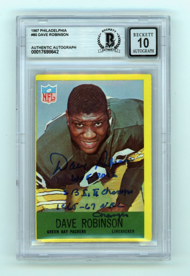 Dave Robinson 1967 Philadelphia #80 Signed Rookie RC w 3 Insc HOF BGS 10 Auto A