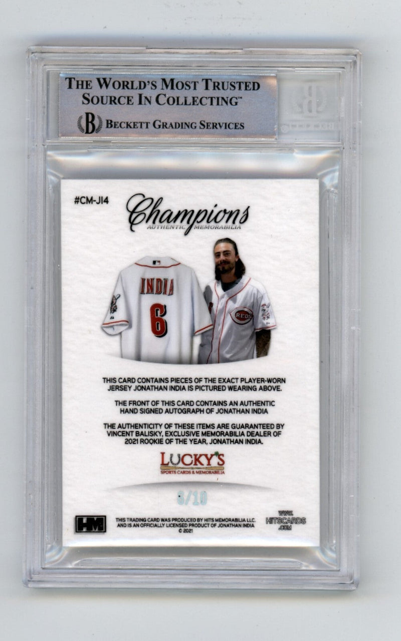 Jonathan India 2021 Hits Memorabilia Champions Silver Patch Auto RC 6/10 BGS BAS