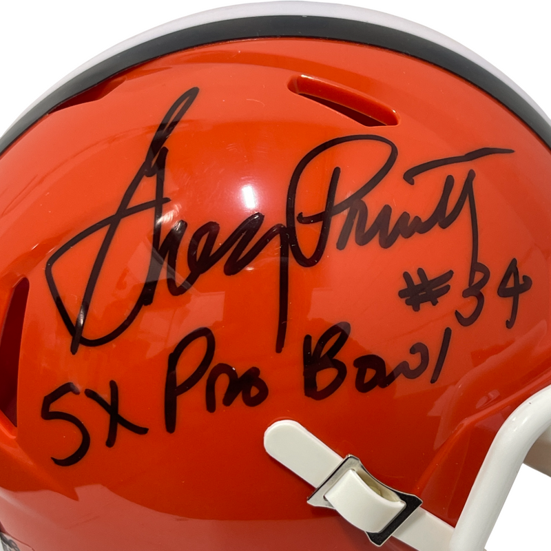 Greg Pruitt Signed Browns TB Mini Helmet w/ 5x Pro Bowl Beckett Witness BAS COA
