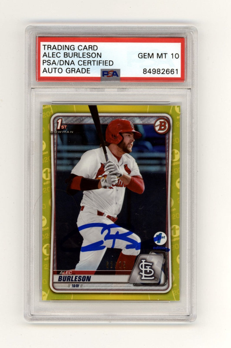 Alec Burleson 2020 Bowman Draft 1st Edition Yellow Foil #/75 1st RC PSA 10 Auto