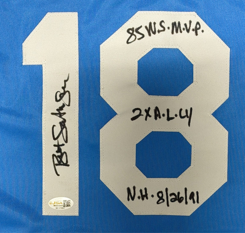 Bret Saberhagen Signed Kansas City Royals Custom Jersey w/ 3 Ins JSA Witness COA