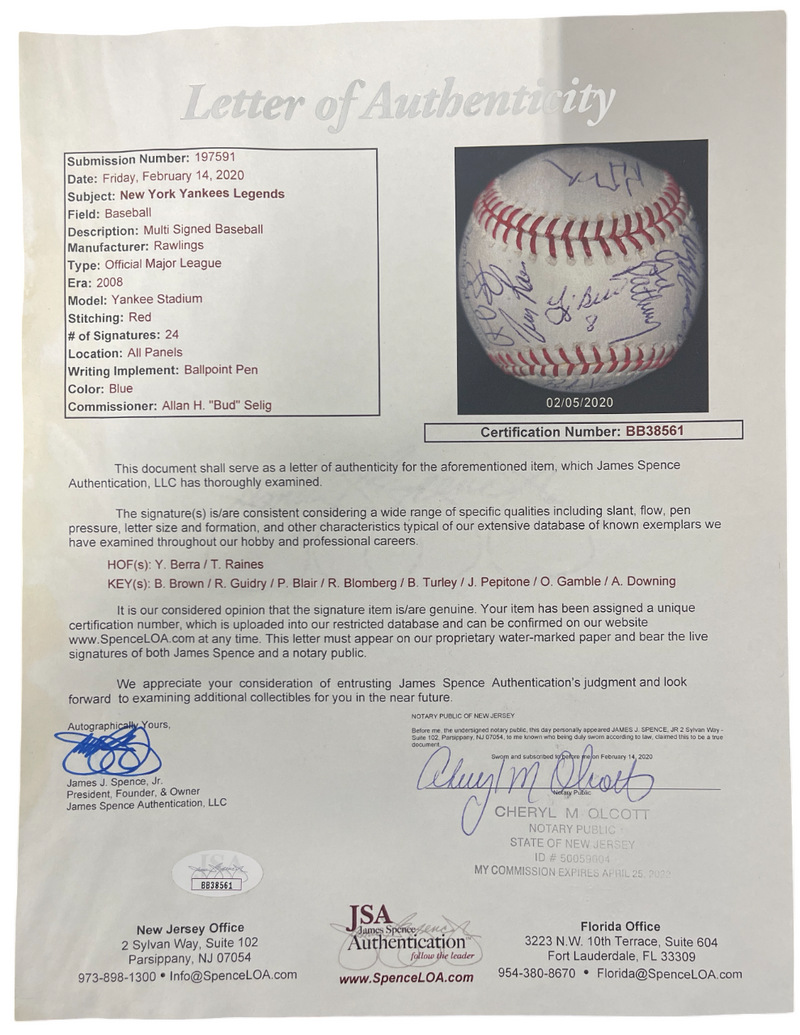 2008 New York Yankees Old Timers Day (24) Signed Final Season Baseball JSA COA