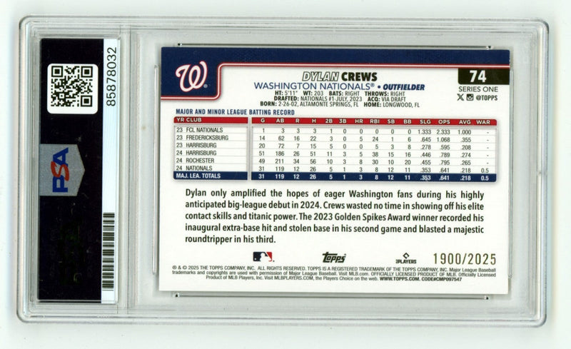 Dylan Crews 2025 Topps Series 1 #74 Gold Signed Rookie RC #1900/2025 PSA 10 Auto